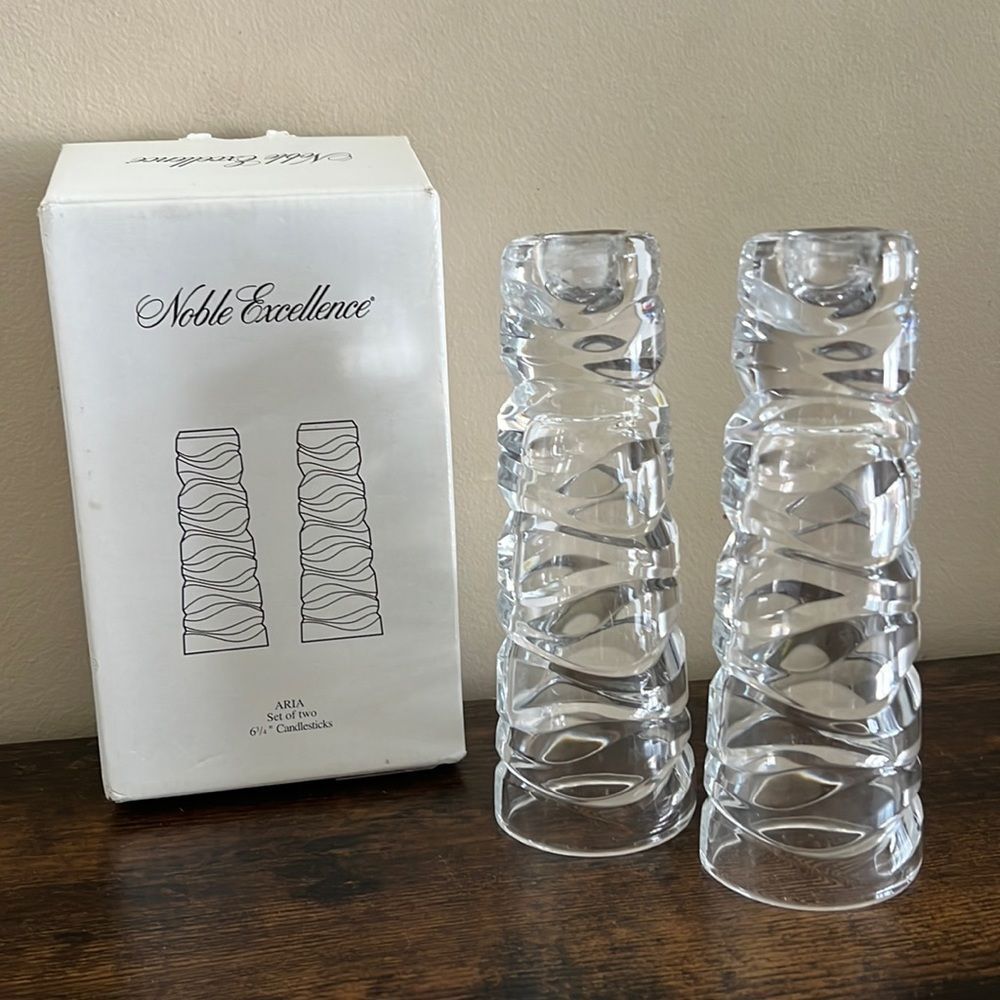 Noble Excellence Aria Lead Crystal Wavy Candlestick Holders Glass In Box France